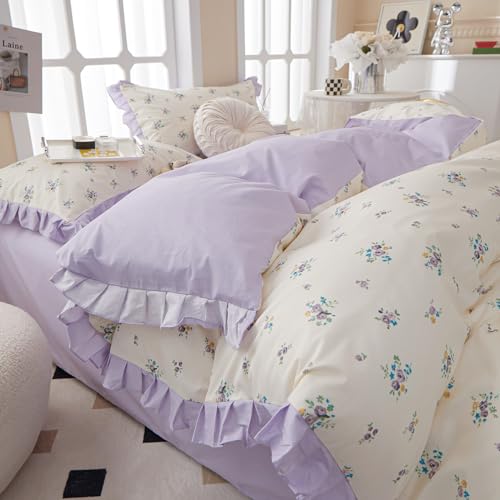 Image of Purple Floral Comforter Set Full Girls Princess Bedding Ruffle Comforter Set Vintage Flowers Cottagecore Comforter with 2 Pillowcases Botanical Floral Bedding Lightweight Bed Set for All Seasons