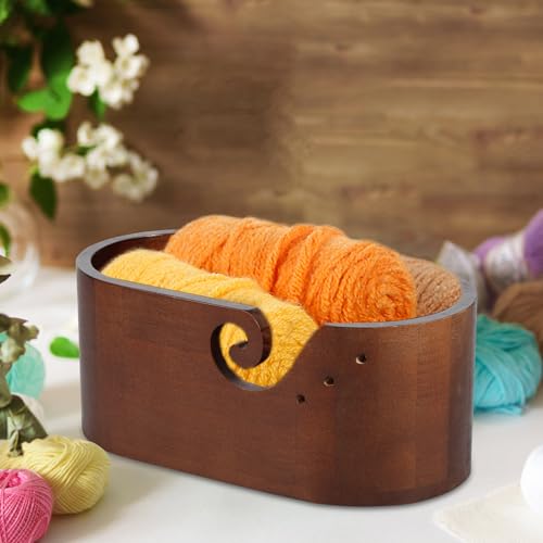 Image of Wooden Crochet Bowl with Swirl Design - Oval Yarn Holder with Holes for DIY Knitting & Crocheting