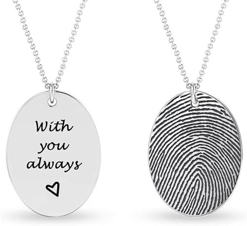 LeCalla Personalized Customized Actual Fingerprint Engraved Oval Memorial Thumb Print Necklace for Women Teen