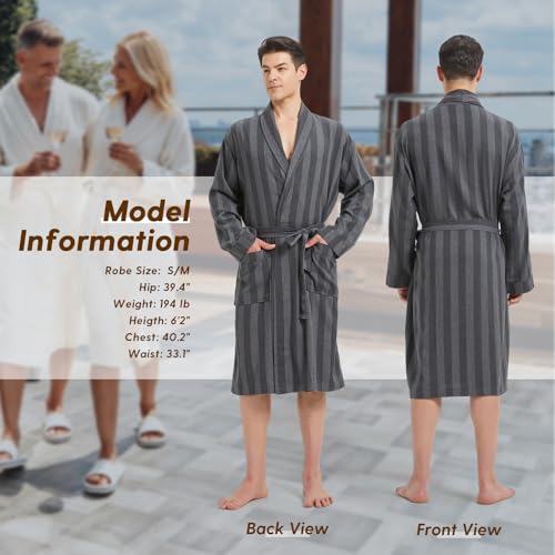 Image of FashGudim Mens Buffalo Plaid Cotton Robe Lightweight Bathrobe Shawl Collar Kimono Sleepwear Loungewear House Robes