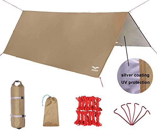 MIER Waterproof Hammock Rain Fly Lightweight Tent Tarp Camping Backpacking Tarp Shelter, 6 Stakes and 12 Ropes Included, Khaki, L