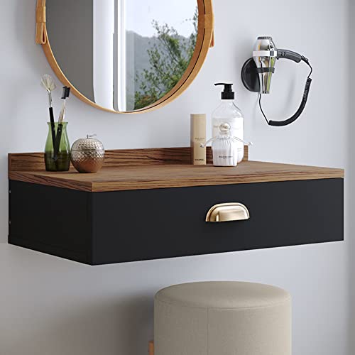 Penteadeira Gloss para Maquiagem Suspensa com 1 Gaveta Porta Joias com Puxador Concha Dourado (Preto