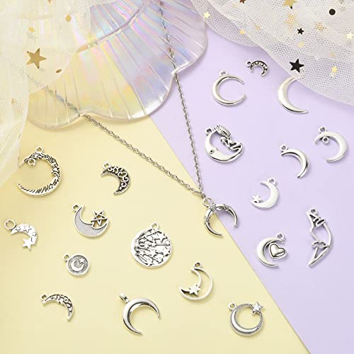 Stiesy 100Pcs 20 Styles Tibetan Silver Antique Crescent Moon With Star Charms - Vintage Hollow Dangle for Jewellery Making DIY Crafts - Image 4