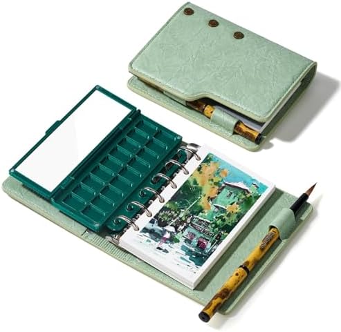 LIGHTWISH Tragbar Aquarell Skizzenbuch Set - Heißgepresstes 100% Baumwolle | 13 x 7.5 CM Reise Aquarellbuch & Keramik Palette & Wasserpinsel | Komplettset für Outdoor Malen, Urban