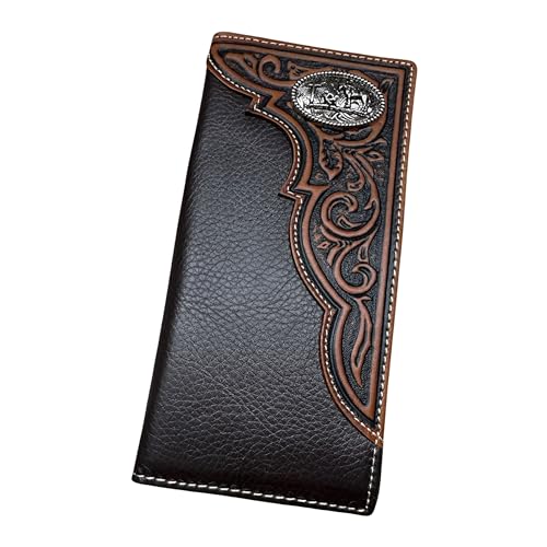 Coffee Leather Long Wallet - Floral Embossed, Bi Fold, Cowboy Praying Concho, Checkbook Style, Hand Crafted High End Mens Wallets