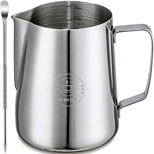 Milk Frothing Pitcher 20oz,Espresso Steaming Pitchers 600ml,Espresso Machine Accessories,Milk Frother cup 20 Oz, Coffee Cappuccino Latte Art,Stainless Steel Jug Cup with Decorating Art Pen by ZOWIE KING - Used condition - US$12.02