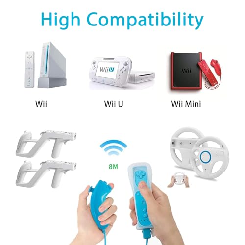 Image of Compatible with Nintendo Wii Controller, Wii Remote with Nunchuck and Nunchuck Controller with Silicone Case and Wrist Strap for Wii and Wii U, Included 2 AA Batteries (Blue)