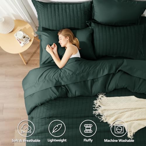 Image of HIMEET Full Size Comforter Sets - 7 Pieces Seersucker Bed in a Bag, Boho Bedding Sets for Bedroom Decor, All Season Home Essential Bed Set with Comforter, Sheets, Pillowcases & Shams, Forest Green