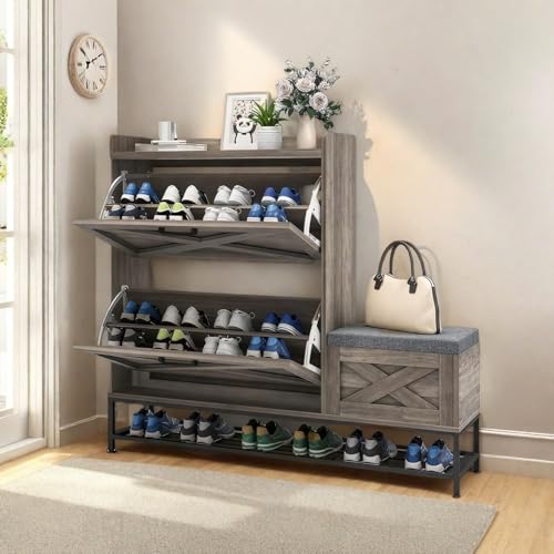 DWVO Farmhouse Shoe Storage Cabinet with 2 Flip Drawers for 16 Pairs, Entryway Shoe Storage with Shoe Bench, Narrow Slim Shoe Cabinet for Entryway, Living Room, Hallway (Washed Grey)