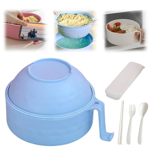 Image of BAUFIX Microwave Ramen Bowl with Lid, 2025 New Ramen Noodles Bowl, Ramen Microwave Bowl, Ramen Bowl Set with Chopsticks, Spoon, Fork, Portable Ramen Cooker for Dorm, Home, Office (Blue)