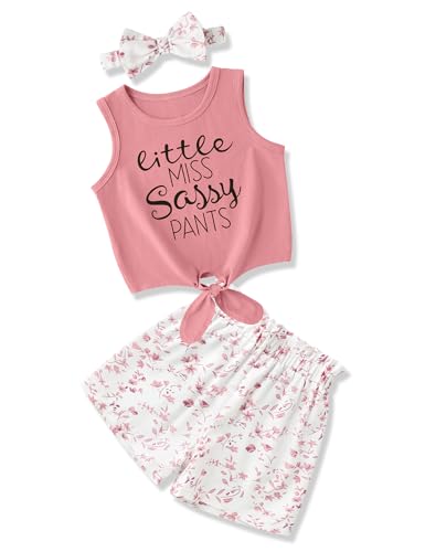 Image of Hipea Toddler Girl Outfits Floral Tops Sleeveless Tank Tops Shorts Headband Summer Clothes Set