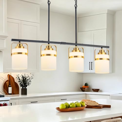 BrkNit 4 Light Kitchen Island Lighting, Black and Gold Dining Room Light Fixture with Milk Glass Shade, Adjustable Height Modern Chandelier Pendant Light for Dining Table Living Room