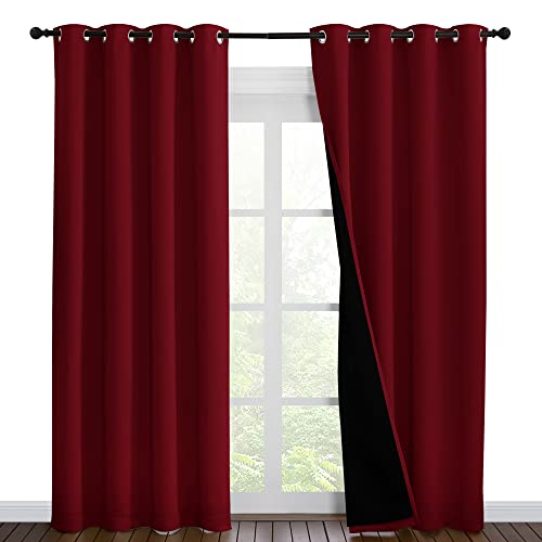 Image of NICETOWN 100% Blackout Curtains with Black Liner Backing, Thermal Insulated Curtains for Living Room, Noise Reducing Drapes for Christmas, Burgundy Red, 55 inches x 86 inches Per Panel, Set of 2