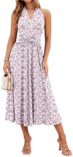 Sureple Women's V Neck Midi Dresses with Pockets Sleeveless Twist...