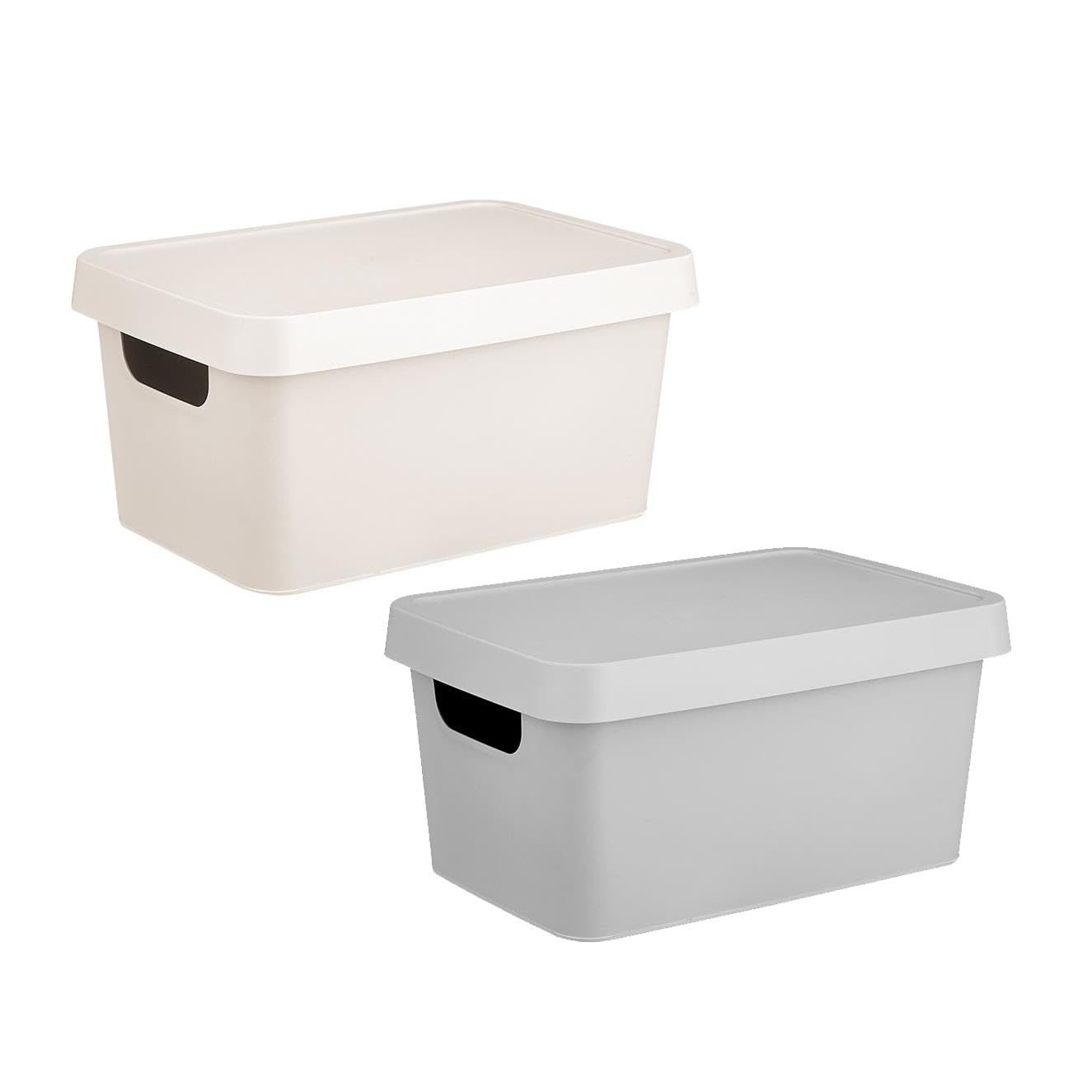 Storganize Pack of 2 - Grey & Cream Storage Container With Lid Home Organising Solution 3.6 Litre Plastic Box Basket