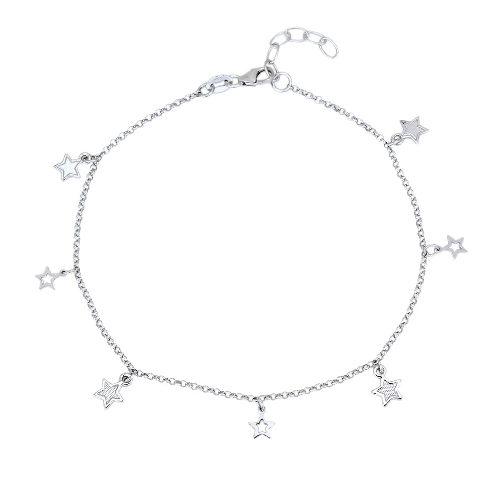 Vanbelle Sterling Silver Jewelry - Rhodium Plated 925 Stamp - Dangling Open & Close Stars Anklet - Stylish Beautifully Designed for Women - 9" long + 1" extender