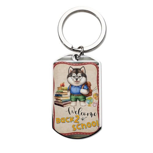 Welcome Alaskan Malamute Back to School Vintage Retro Stainless Steel Keychain Alaska Mal Dog Lovers Gifts Collar Charm Tag Keyring - 012