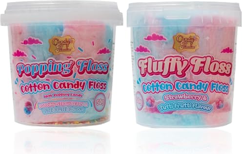 Candy Paradise Halal Cotton Candy Fluffy & Popping Floss Cotton Candy Floss (50g (Pack of 2) Popping + Fluffy (Strawberry & Tutti-Frutti))