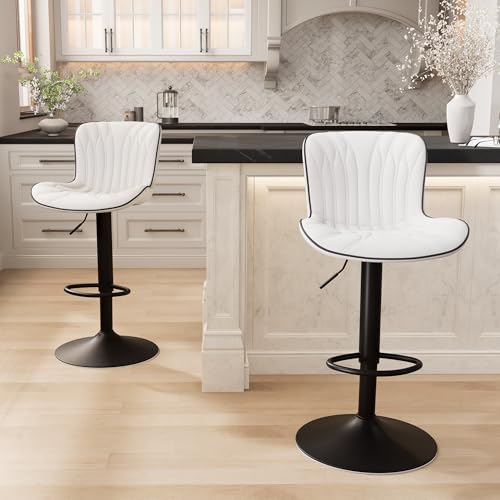 Image of Bar Stools Set of 6 Modern Kitchen Counter Chairs Swivel Barstools White | Faux leather upholstered island chairs with backs & metal base. Adjustable Height, easy to clean & load 300 lbs