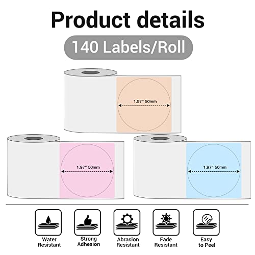 M110 Round Labels, Self-Adhesive Thermal Paper, Phomemo M110 Color Label Compatible With M110 M120 M200 M220 Label Printer, Black Text On Pink, Blue, Khaki, 1.96"X1.96 (50X50Mm), 420 Stickers #TOP1