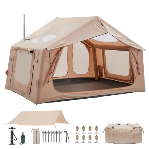 12x7.5 FT Large Inflatable Tent with Stove Jack, 8-10 Person Camping Tent with Electric Air Pump, Clear Skylight & Stove Jack, 420D Oxford Waterproof, Air Tent with Mesh Windows/Doors