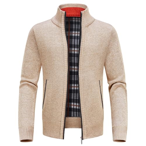 Pull homme zippé beige 2XL en maille épaisse avec col montant chaud