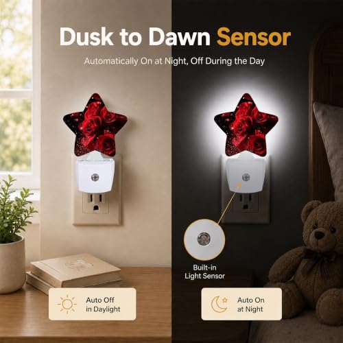 Image of Star Night Light Plug in, Red Rose Dusk to Dawn Sensor Night Light, Soft Glow Lamp for Kids Bedroom Nursery Hallway Bathroom, Energy Saving Compact Design