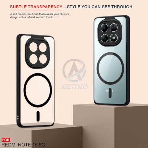 Image of AESTMO Redmi Note 15 5G / Redmi Note 15 SE 5G / Poco M8 5G Back Cover | 360 Protection | Crystal Clear Hard Back Transparent | Compatible with MagSafe Accessories (PC+TPU, Black Bumper)