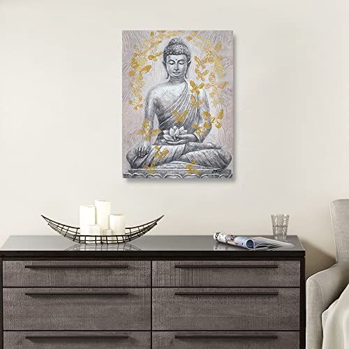 Buddha Canvas Wall Art Gold-Foil: Zen Statue Textured Print With Lotus Flower For Buddhism Prayer Wall Decor Inspirational Posters For Spa Yoga Room Decorations Framed Ready To Hang 12"X16" #TOP2