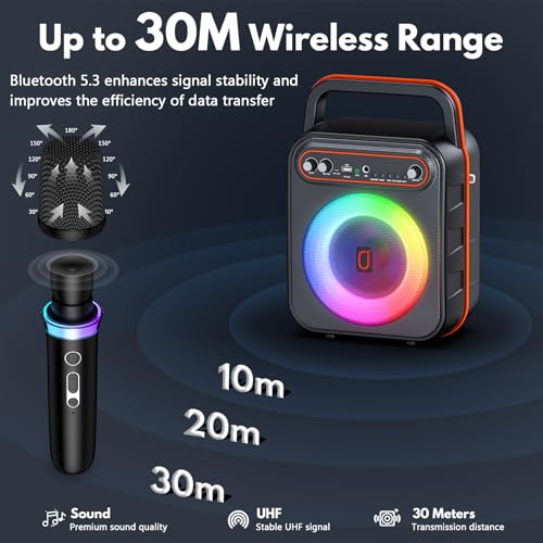 JYX Karaoke Machine for Adults & Kids, Portable Bluetooth Speaker with 2 Wireless Microphones, PA System Treble & Bass with LED Lights, Supports USB/AUX/TF/FM/REC for Home Party Outdoors - Thumbnail 7
