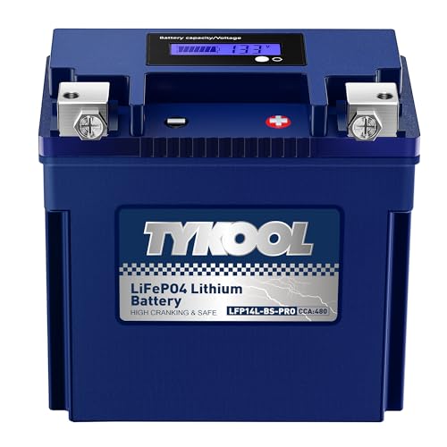TYKOOL YTX14L-BS [- +] Lithium Battery 480 CCA for Harley Davidson Sportster 883 1200 Iron 48 XL XLH 2004-2023 Street 500 750 2014-2021 XR1200X BRP Seadoo Spark | Digital SOC Display IP67 Waterproof