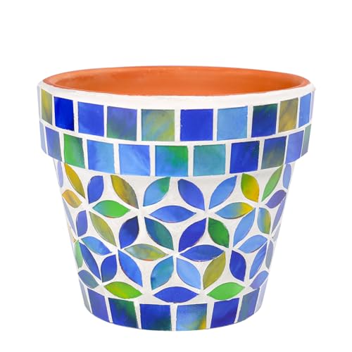Chonsun Small Mosaic Plant Pot Flower Pots Ceramic Planter with Drainage Hole Small Ceramic Pot for Indoor Outdoor Plants Succulent Pots Blue with Flower Design