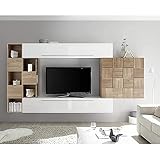 Dmora Parete attrezzata da soggiorno, Mobile porta TV sospeso con pensili, Salotto moderno completo, Made in Italy, cm 210x35h33, colore Bianco e Rovere