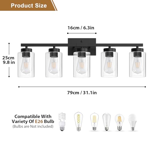 Image of IZORRO Bathroom Light Fixtures, Modern Vanity Lights, Bathroom Lighting Fixtures Over Mirror with Clear Glass Shade, Wall Sconce for Living Room Cabinet Bedroom (Matte Black, 5-Light)