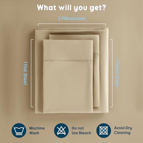Image of SONORO KATE 1000 Series 100% Egyptian Cotton Queen Sheet Set,4 Pieces | Soft,Breathable Long Staple,Sateen Weave,Luxury 5-Star Hotel Bed Sheets,16 inch Deep Pocket,Beige