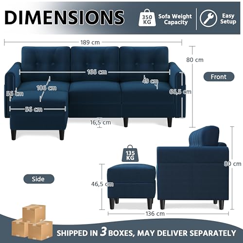 Yaheetech Ecksofa 3-Sitzer Sofa mit Polsterhocker aus Samtstoff Eckcouch in L-Form Rechts/Links fürs Wohnzimmer/Schlafzimmer/Wohnung, Blau – Bild 4