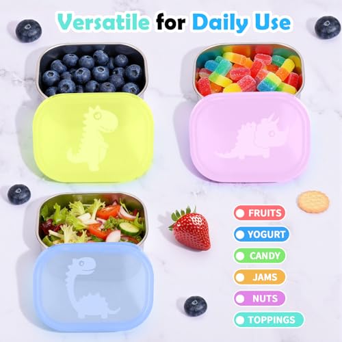 Image of Tanjiae 3x8oz Small Stainless Steel Snack Containers - 230mL Leakproof Food Containers with Cute Dino Lids | LFGB Certified, Stackable Metal Snack Box for Home, Office, Travel