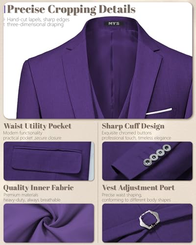 Image of MY'S Men's 3 Piece Slim Fit Suit Set with Tie, 2 Button Blazer Jacket Vest & Pants, Business Wedding Party Prom Suit for Men