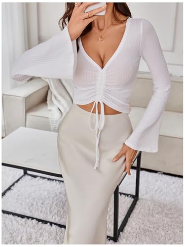 Image of SweatyRocks Women's Adjustable Drawstring String Long Bell Sleeve Rib Knit Sexy Crop Top