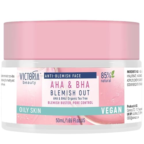 Victoria Beauty Crema antiespinillas con aceite de árbol de té y ácido salicílico para pieles impuras y grasas, crema facial AHA BHA, vegana, fórmula natural, cuidado facial altamente efectivo, 50 ml