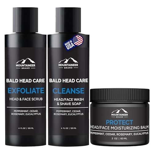 Mountaineer Brand Bald Head Care Gifts For Bald Men | All Natural 3 Step Daily Skin Care for Healthy Scalp & Face | Exfoliate Scrub | Cleanse Wash | Protect Moisturiser | Made in West Virginia