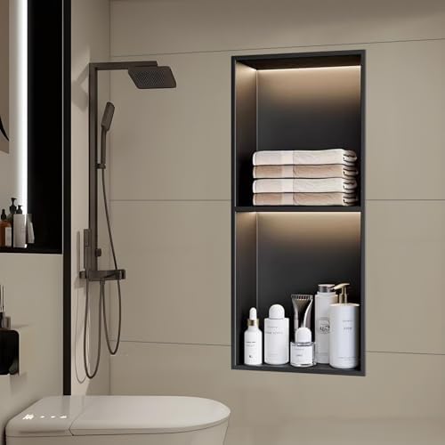Stainless Steel Shower Niche - Recessed Wall Storage with Integrated Lighting for Bathroom Organization,Black70X28Cm