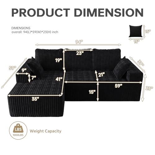 94" Cloud Sectional Couch with L-Shape Chaise,4 Seat Modern Modular Sofa with Side Pockets,Upholstered Couches for Living Room Bedroom, Boneless Couch,No Assembly Required - Image 4