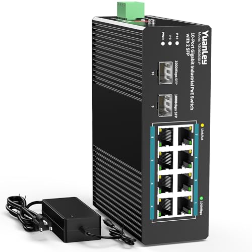 YuanLey Switch Industrial de 10 Puertos con 8 Puertos PoE Gigabit & 2 SFP, Switch PoE No Gestionado con Fuente de 120W, IEEE802.3af/at, VLAN & RSTP, DIN Rail para Cámaras IP, Ap