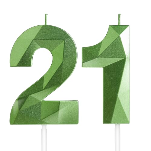 Yiran Velas de Cumpleaños 21 Años Verde, Decoraciones para Hombres y Mujeres, Número 21 3D para Tarta, Topper de Vela Verdes de Hierba, Suministros para Fiestas, Bodas y Aniversarios