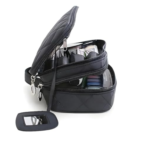 Image of Polyester Cosmetic Bag Travel Professional Cosmetic Makeup Kit Storage Organizer Toiletry Vanity Bag with Adjustable Compartment (Black)