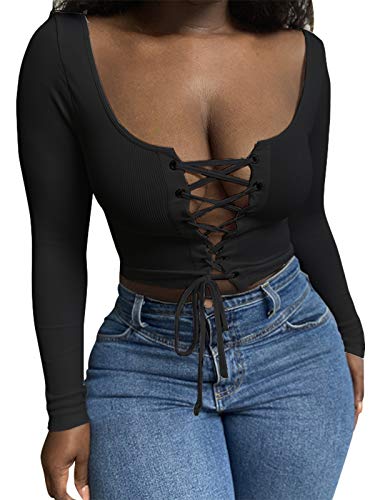 Artfish Women's Sexy Lace Up Front T-Shirts Long Sleeve Ribbed Knit Slim Fitted Crisscross Basic Crop Top