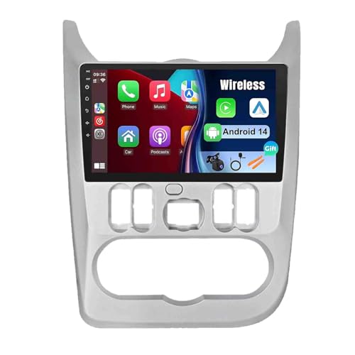 Android 14 Radio de Coche 9 Pulgadas Pantalla Táctil 2 DIN para Renault Logan 2009-2015 con Carplay Inalámbrico Android Auto Bluetooth GPS FM WiFi USB Apoyo Mandos Volante+AHD Cámara(U1(1+32))