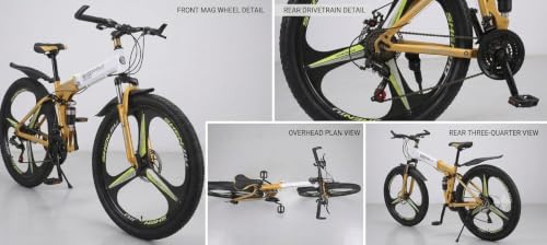 Image of Amaze Kai Dual Suspension Bikes Bmv Foldable Gear Cycle for Men with 21 Speed Gear 3 Spoke | Folding Mountain Bike with Double Disc Break & Mac Wheel, 26 Inch (Yellow Gold)