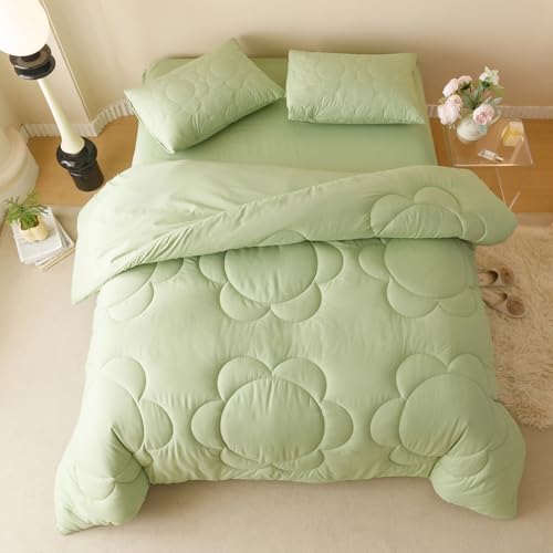 Image of KAREVER Sage Flower Comforter Queen Green Sunflower Print Bed Queen Comforter Set 3 Pieces Green Floral Comforter Set for Women Girls Bedroom Decor All Season Hotel Quality Comforter Set